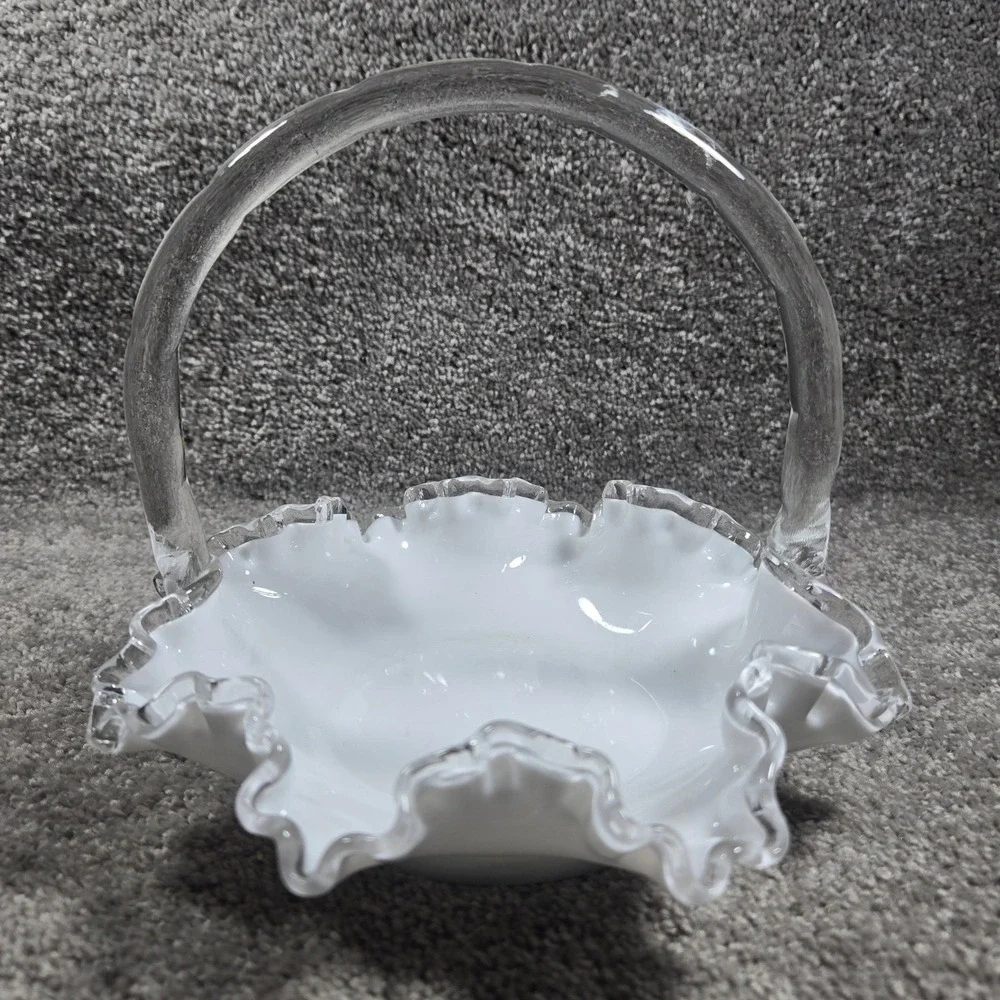 Fenton Basket White Silver Crest Ruffled Clear Edge Glass Vintage Decor 7